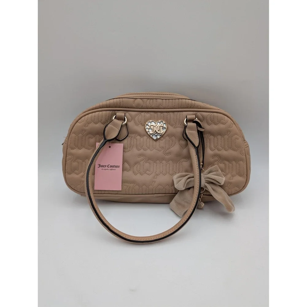 Juicy Couture Lovely Girl Satchel Bag Womens Small Pecan Heart Bow Charm Logo‎